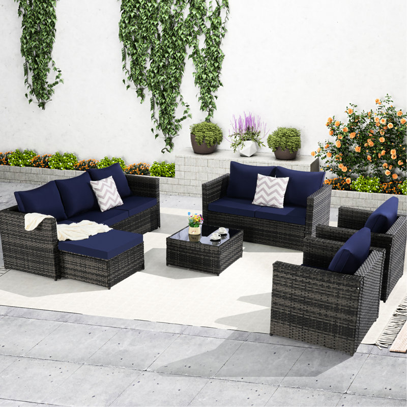 6 patio extérieur - avec coussins, coussins et table en verre pour le jardin 6 pièces de conversation en acier thermolaqué,
