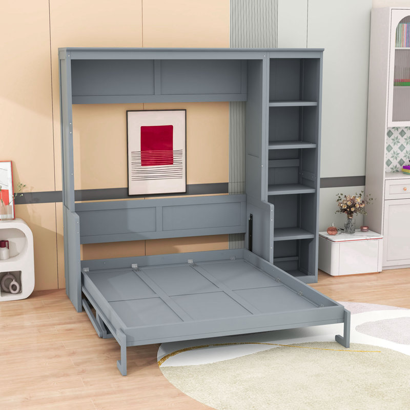Lit escamotable avec cadre en bois Murphy, gris, Grand