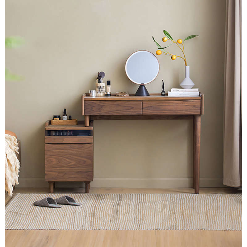 Bureau intégré minimaliste avec coiffeuse en noyer minimaliste, idéal pour les petites chambres