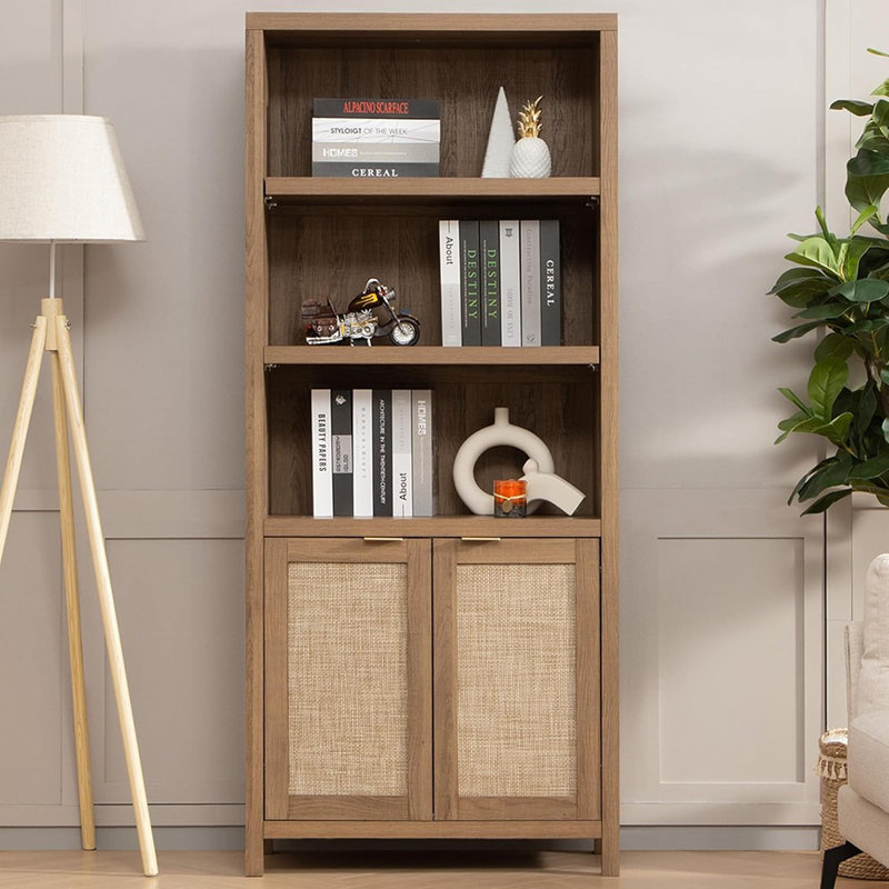 Grande bibliothèque Boho en rotin à 5 niveaux avec portes, grande bibliothèque de rangement pour le salon, la chambre à coucher, le bureau personnel ou la cuisine - style campagne