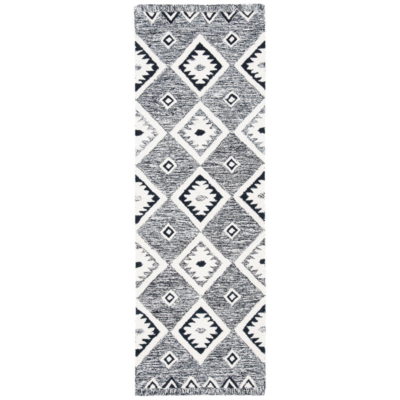 Tapis noir / gris en laine touffeté à la main Arne Southwestern, Tapis de couloir 2 pi 3 po x 7 pi