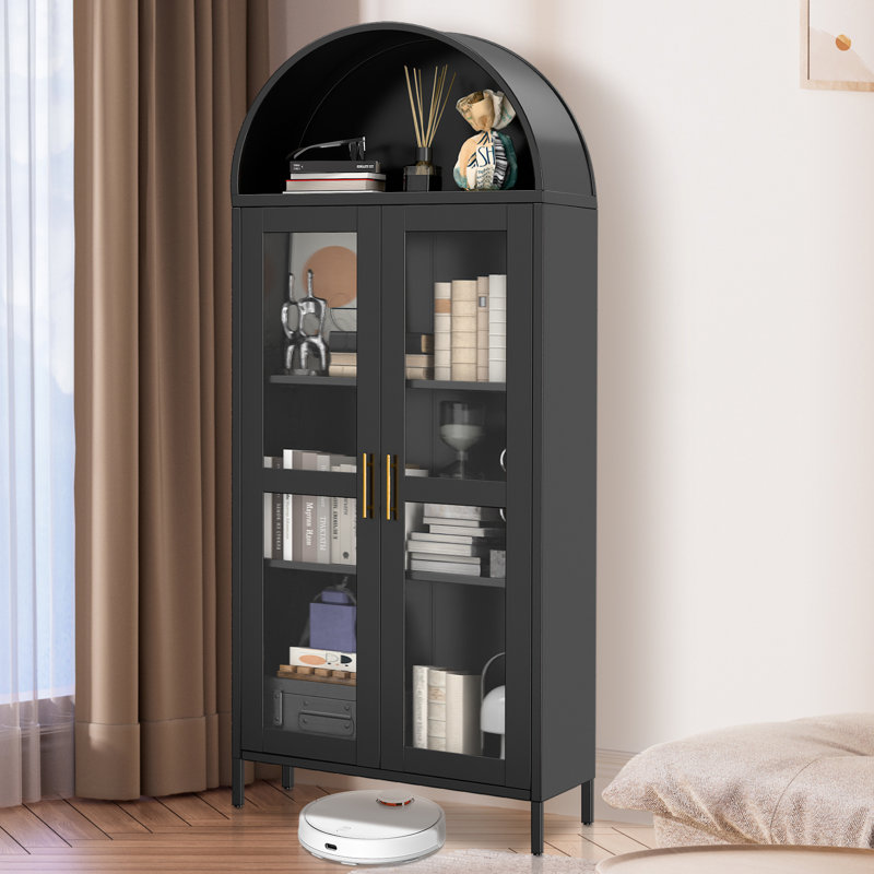 73 in Arched Metal Storage Cabinet with Glass Door,2 Adjustable Shelves,Rustic Display Unit for Kitchen Pantry, Living & Dining Rooms,Dark Black​​ with Legs