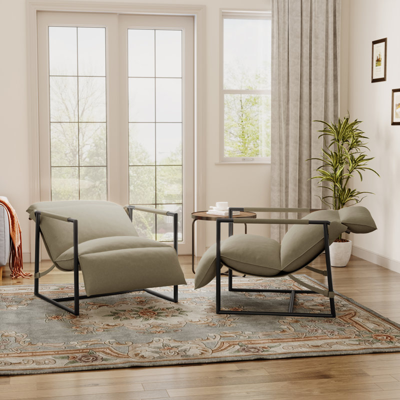 Upholstered Modern Metal Framed Beige Polyester Blend Sling Accent Chair, Beige Polyester Blend