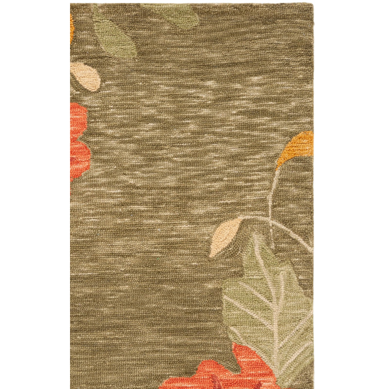 Tapis floral vert en laine touffeté à la main, Rectangle 4 pi x 6 pi