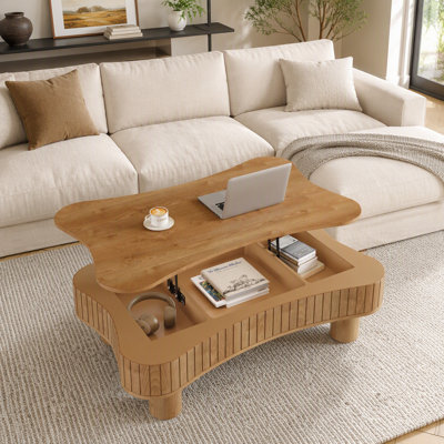 Table basse relevable de 107 cm (42 po), table basse à levage hydraulique avec panneaux cannelés et compartiments cachés, coins arrondis pour plus de sécurité, montage rapide sans outil pour le salon