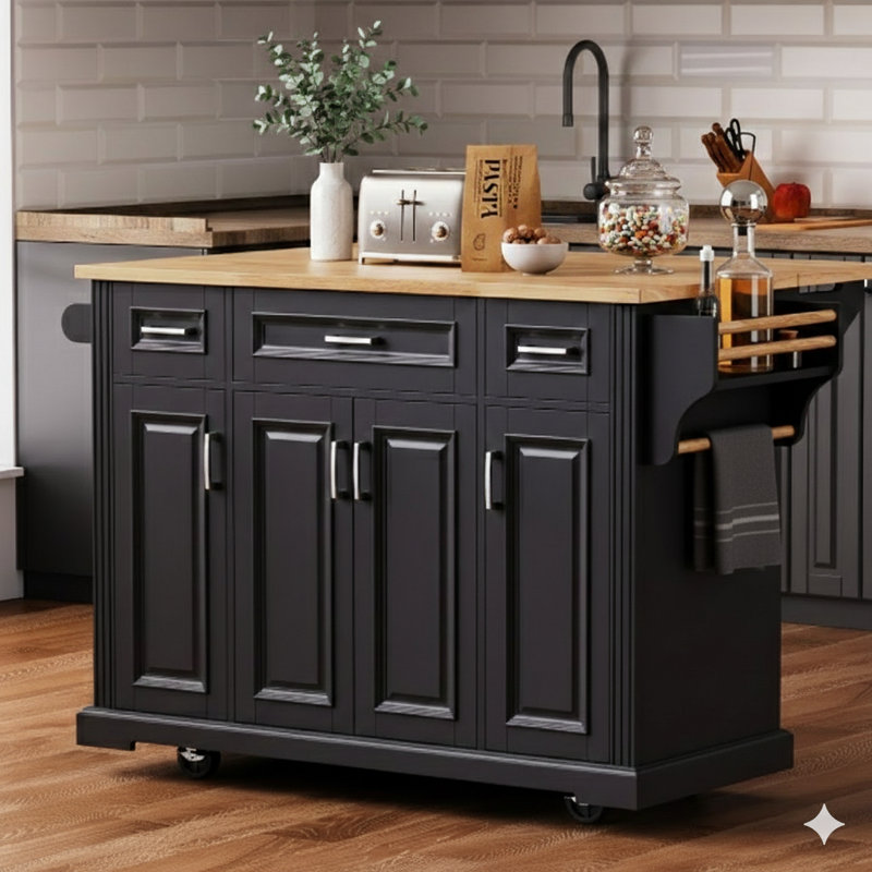 Spacious 54-Inch Kitchen Island Cart with Rubberwood Drop-Leaf Surface, Embossed Textured Finish, Rolling on Four Wheels, Featuring Four Cabinets and Three Drawers – Ideal Storage Solution for Kitchen and Dining Areas, Finished in Black