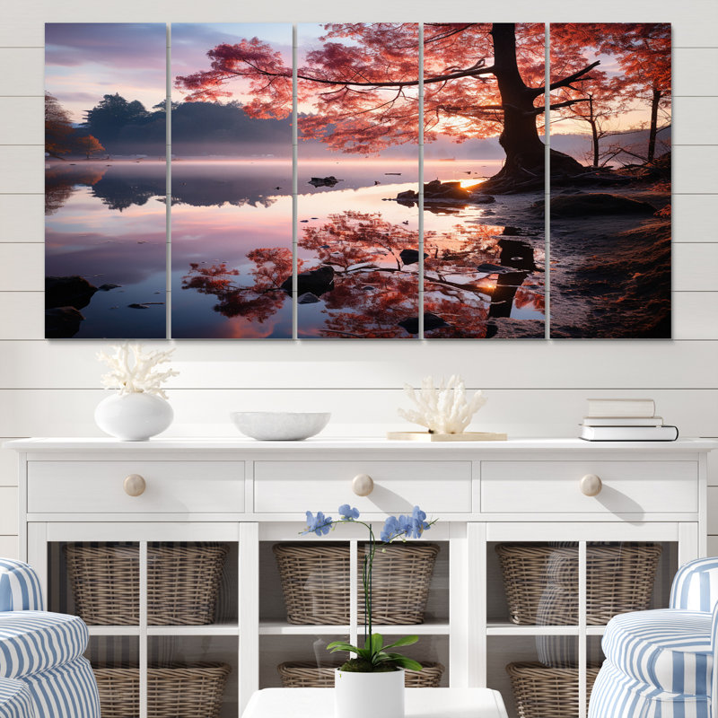 «Lake Serenity Pastel Sunrise In Autumn - Lake Wall Art Print», 5 panneaux égaux