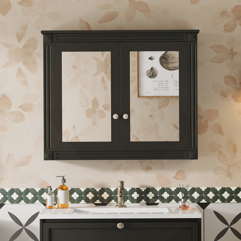 Armoire de rangement murale pour salle de bain, armoire de toilette avec miroir et 2 tablettes réglables, Black
