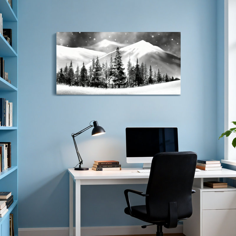 Paysage d'hiver avec paysage de montagnes enneigées et de pins, H 16 po x l 32 po
