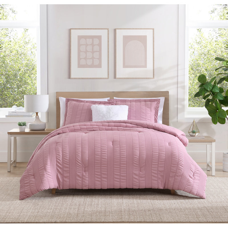 CEDAR COURT Morgan Textured Seersucker Stripe 2-3 Piece Soft Polyester Seersucker Comforter Set, Rose