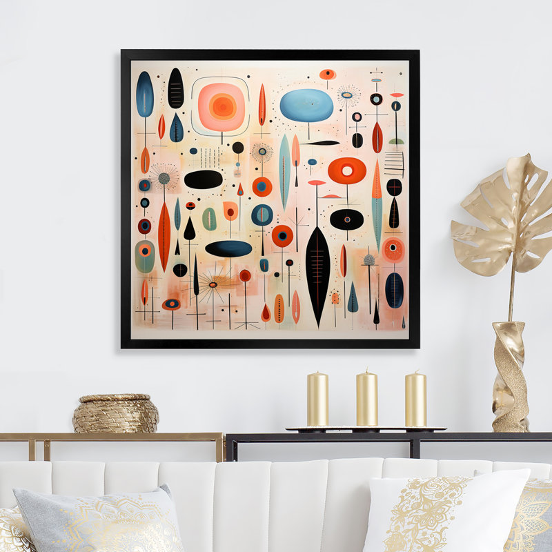 «Mid-Century Whimsical Wonders II» rose - bleu, Cadre photo noir, H 36 po x l 36 po x P 1,5 po