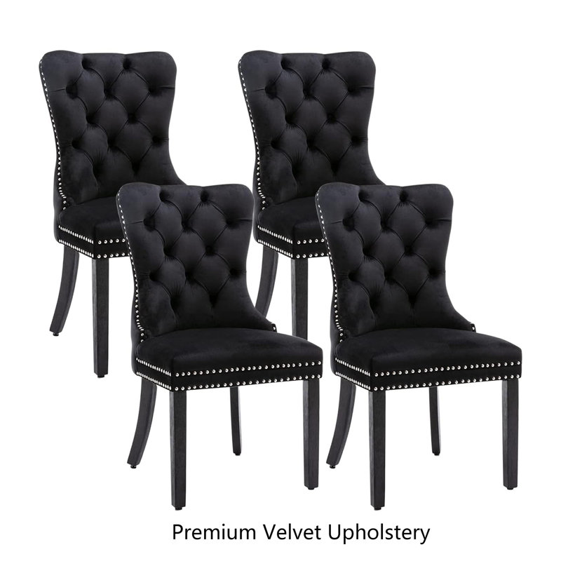 Black Velvet Upholstered Tufted Side Chair with Wood Legs