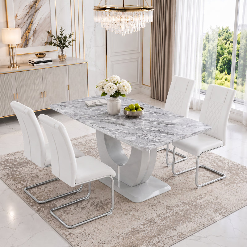 Ensemble de salle à manger 5 pièces Holloman, Ensemble de cinq pièces : table, quatre chaises, Blanc