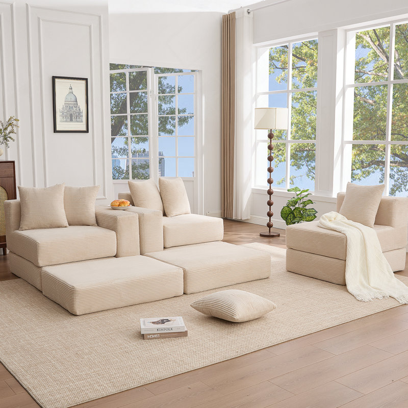 Canapé modulaire convertible 10-en-1, canapé d'angle, canapé-lit convertible au sol, velours côtelé, poche latérale, sans assemblage, bricolage, canapé modulaire en forme de L, 6 coussins, beige