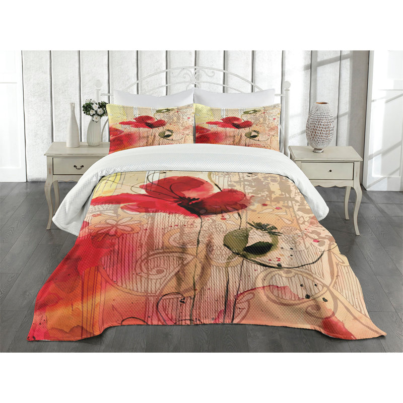 Ambesonne Floral Bedspread Retro, King Bedspread + 2 Standard Shams