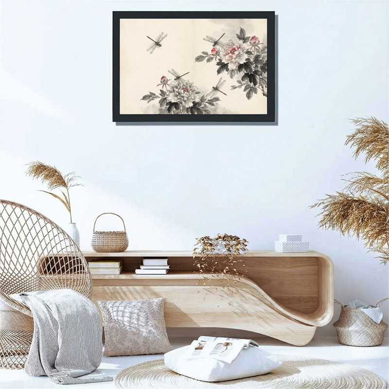 Ensemble de 1 tableau à l'encre représentant une libellule et une pivoine (motif floral), H 24 po x l 36 po