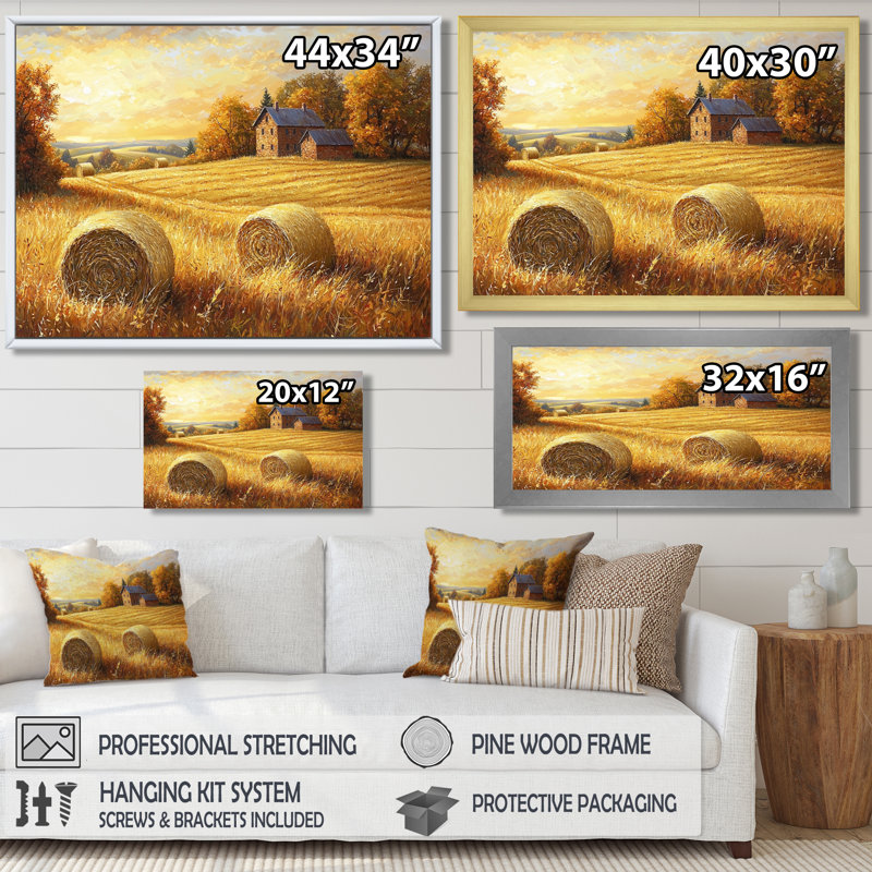 «Countryside Golden Harvest Fields III», impressions sur toile, H 34 po x l 44 po, Cadre flottant, Crème, crème