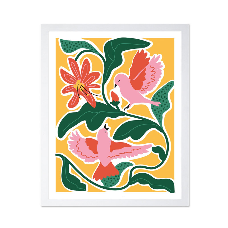 Flowers & Birds, Poster, 12"H x 16"W, White Framed