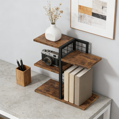 Desktop Bookshelf Organizer, 4 Tier Wooden Desk Shelf With Metal Grid Back, Tabletop Storage Rack For Office Supplies, Books, And Decor, Space-Saving Design For Home And Office
