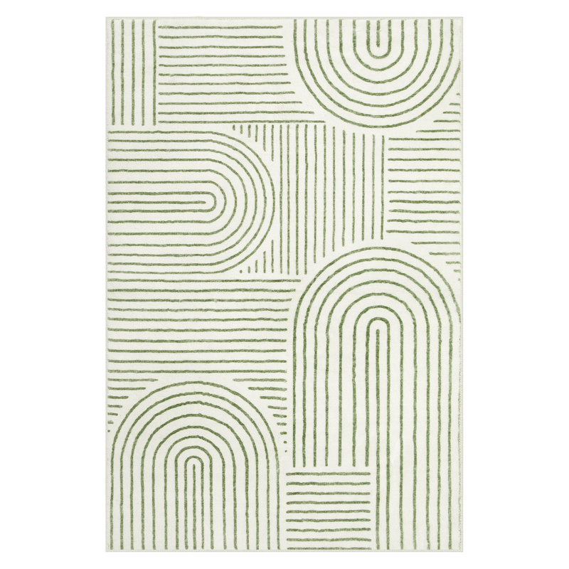 Celeta Washable Abstract Japandi Rainbow Striped Green Area Rug - Colorful Modern Carpet for Living Room, Bedroom, or Office Decor