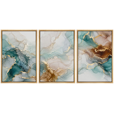 Tableau abstrait effet marbre turquoise, impression giclée sur toile encadrée (3 pièces) - 40,6 x 61 cm (16 x 24 pouces)