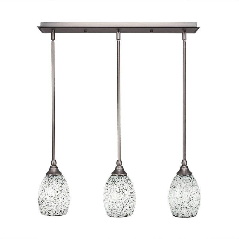 3 Light Stem Hung Linear Pendalier Shown In Brushed Nickel Finish With Black Fusion Glass, 8.25" H x 26.5" W x 5" D