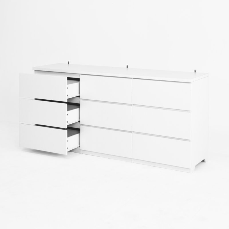 Commode 9 tiroirs sans poignée, commode moderne en bois blanc mat pour la chambre à coucher, commode de rangement pour le salon, le couloir, le vestibule