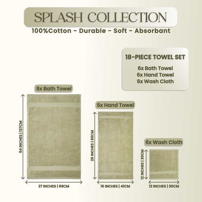 Splash 100% Cotton Zero Twist Towel Set, Bath Towels, Hand Towels & Washcloths, 550 GSM Soft Absorbent Towels for Bathroom, Spa & Daily Use, OEKO-TEX Certified, 18 Pack, Sage