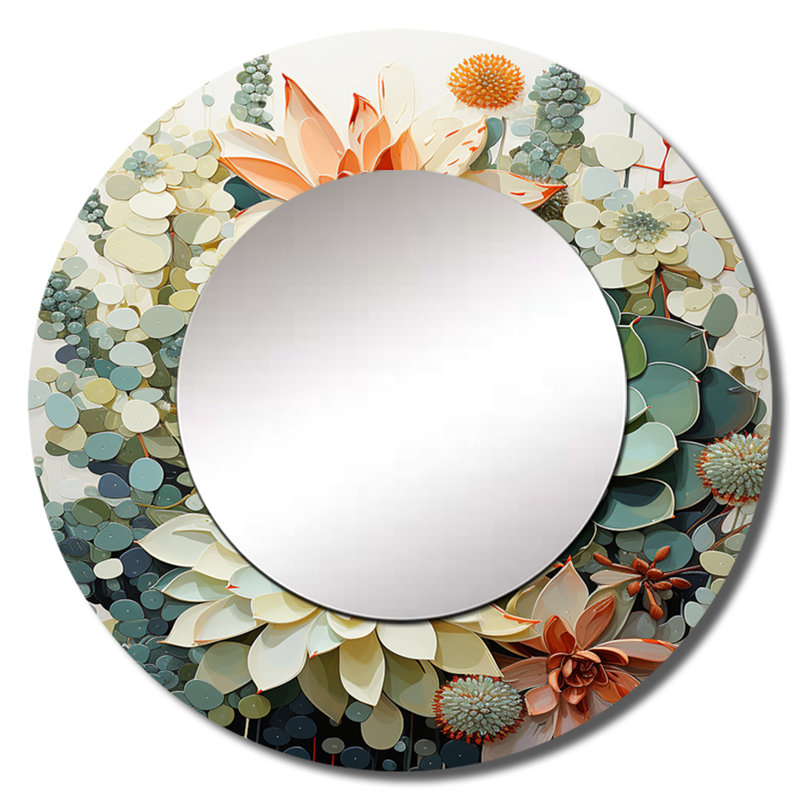 «Sabba Green White Succulents Flowers Serene Succulents I», grand miroir mural rond traditionnel, reproduction d'art en métal
