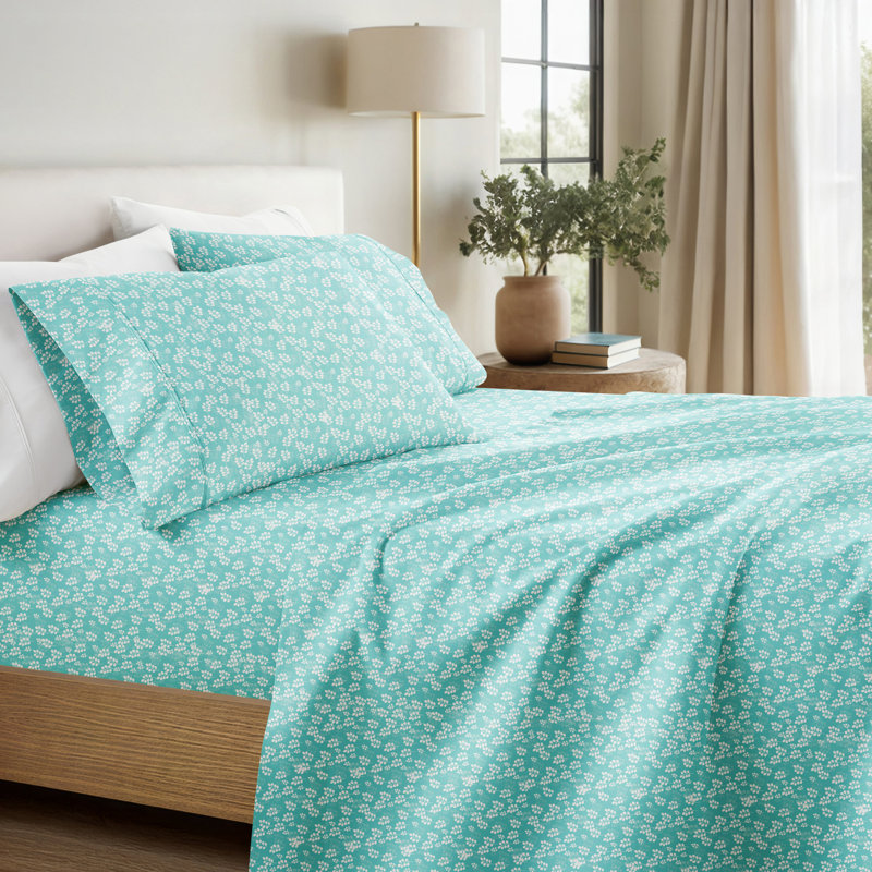 Ensemble de draps en microfibre Floral Wheatfield, Lit double, Bleu pâle