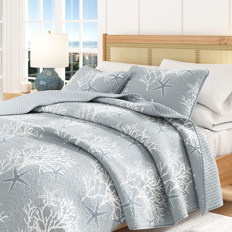 Ensemble de courtepointe réversible Coral / Starfish Coastal, Courtepointe pour lit simple / simple TG et 1 taie, Bleu perle