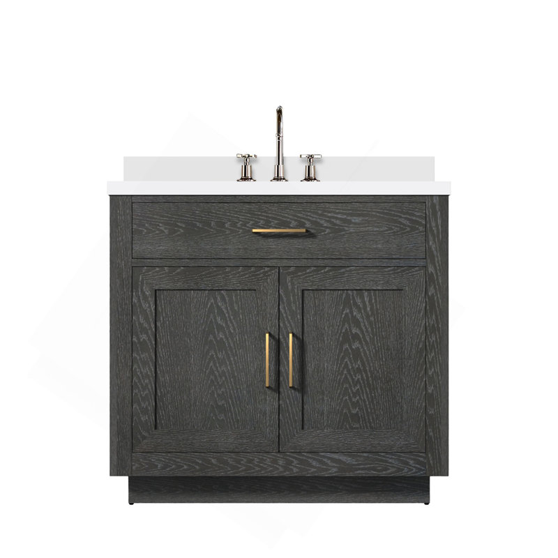 Meuble-lavabo simple en chêne noir 36 po X P 22 po D, dessus en quartz blanc et ensemble de robinet
