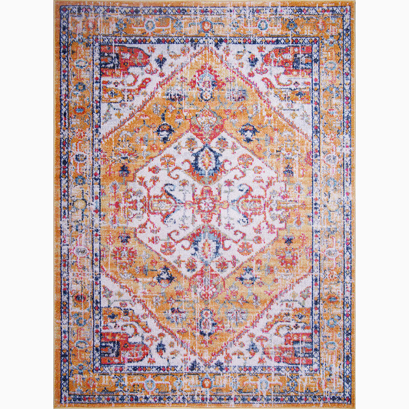Tapis oriental jaune / rose / bleu en polypropylène tissé à la machine Adin, Tapis de couloir 3 pi 3 po x 6 pi 7 po
