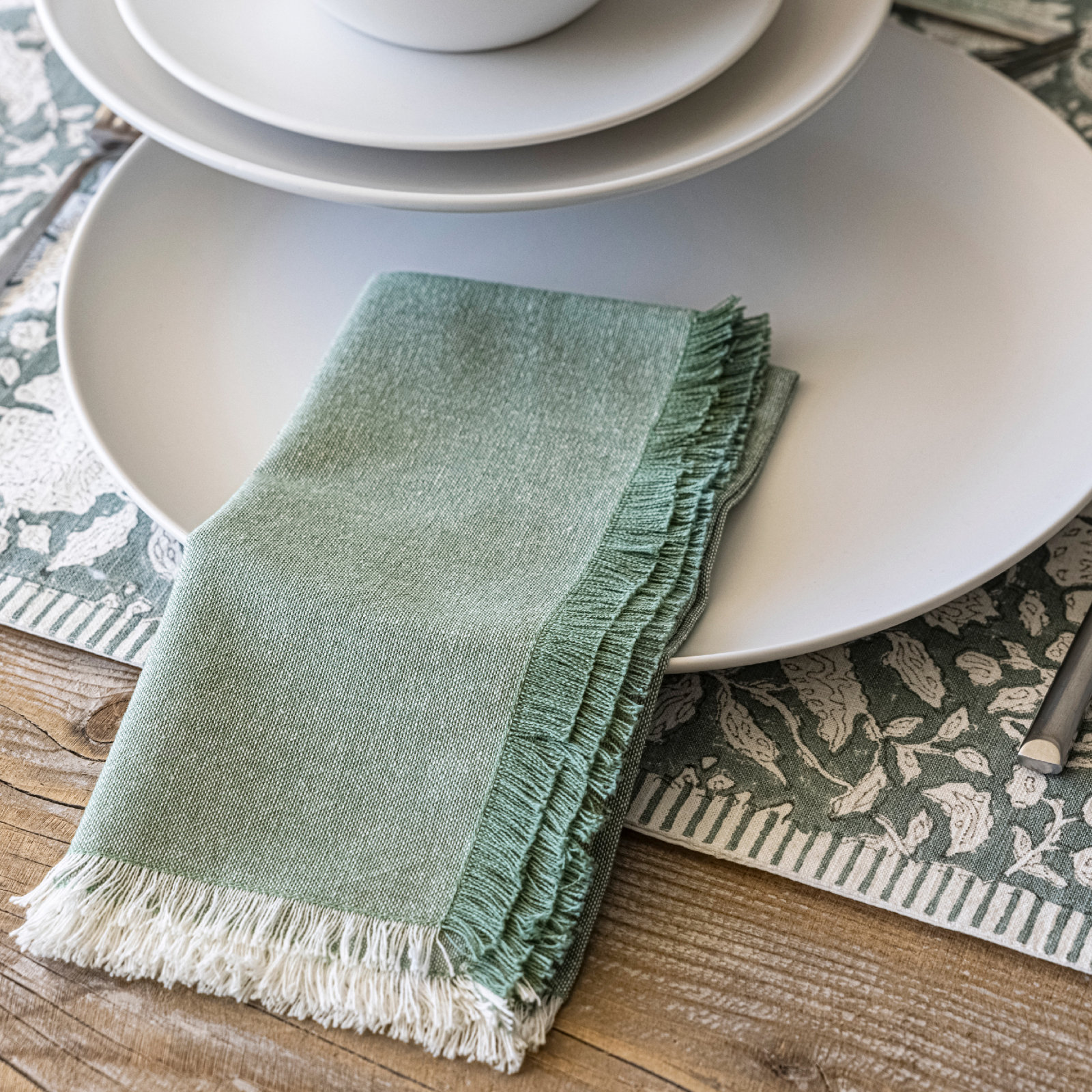 Woven Frayed Chambray Reversible Napkin, Green
