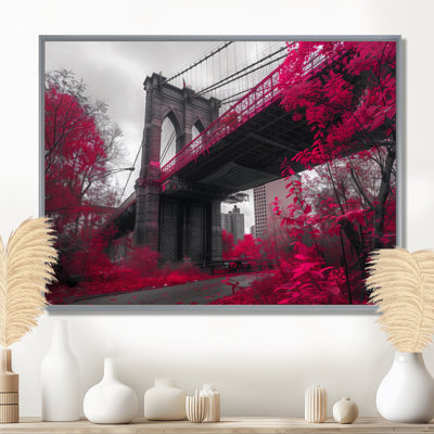 Rose, gris, pont de Brooklyn, New York, reproduction d'art murale - pont