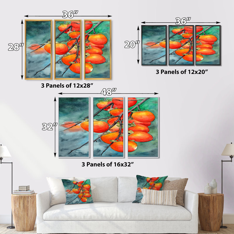 Ripe Persimmons on Branches on Green - 3 pièces, reproduction sur toile, H 20 po x l 36 po x P 1 po, Cadre blanc