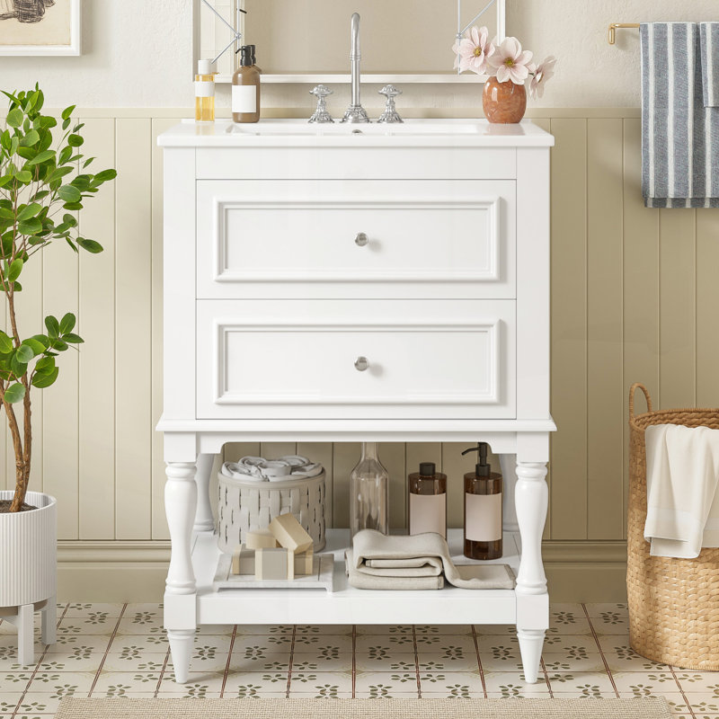 Meuble-lavabo de 24 po au design rétro avec lavabo en céramique et plusieurs solutions de rangement, idéal pour les salles de bain modernes et élégantes