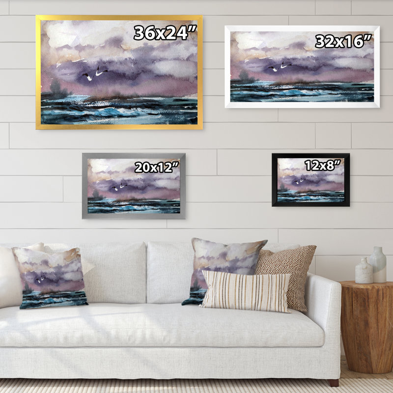 Vague et goélands - Peinture sur toile, H 16 po x l 32 po x P 1 po, Cadre photo argenté