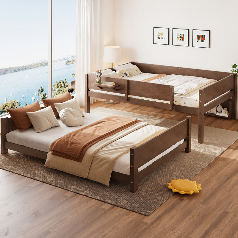 Queen over Queen Solid Wood Bunk Bed with Storage Shelves, Upgraded Slats, and Convenient Tray, Vintage Brown, Vintage Brown