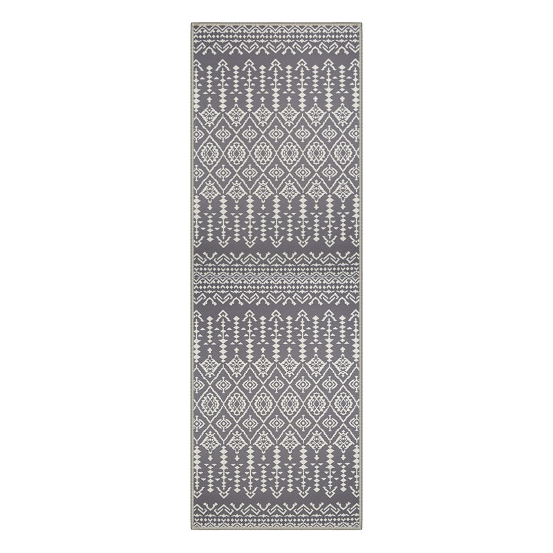 Zennor Boho Oriental Machine Washable Grey / Beige Indoor Area Rug with Non-Slip Backing, Runner 2' x 6'