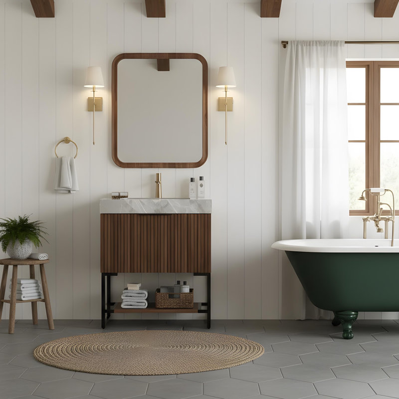 Armoire de salle de bain avec tiroir, 30", Noir / noyer foncé
