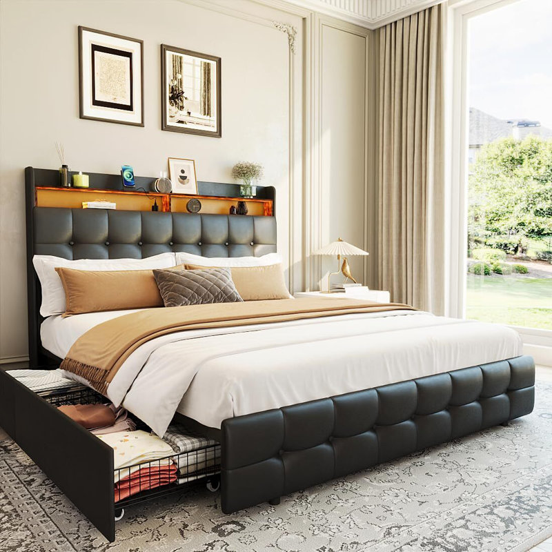 Bed Frame with 2 Drawers & Shelf Headboard, Upholstered Platform Bed with Metal Slats, No Box Spring Needed, Black, Queen