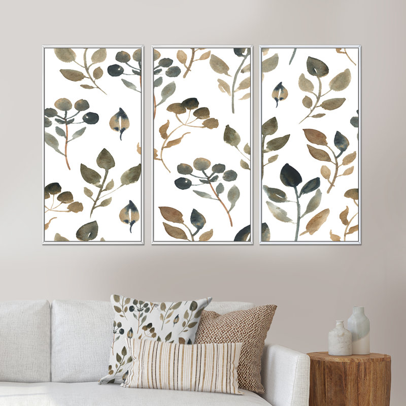 «Simple Brown Leaves On White», ensemble de 3 reproductions d'art encadrées sur toile, H 32 po x l 48 po x P 1 po
