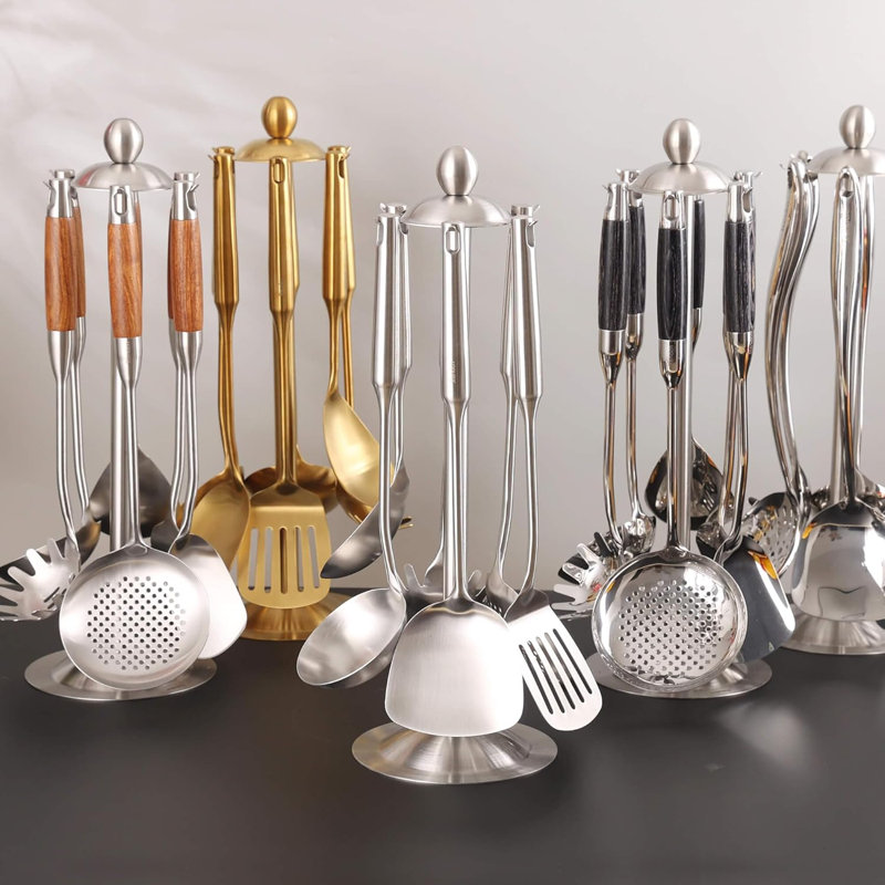 Ensemble d'ustensiles de cuisine en acier inoxydable 18/10 de qualité supérieure avec support rotatif - 7 pièces d'outils de cuisine entièrement en métal pour les chefs professionnels et les cuisiniers à domicile