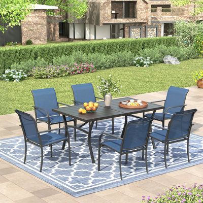 63" Patio Dining Set with Extra Large Rectangular Dining Table and 6 Stackable Armrest Chairs by Lark Manor