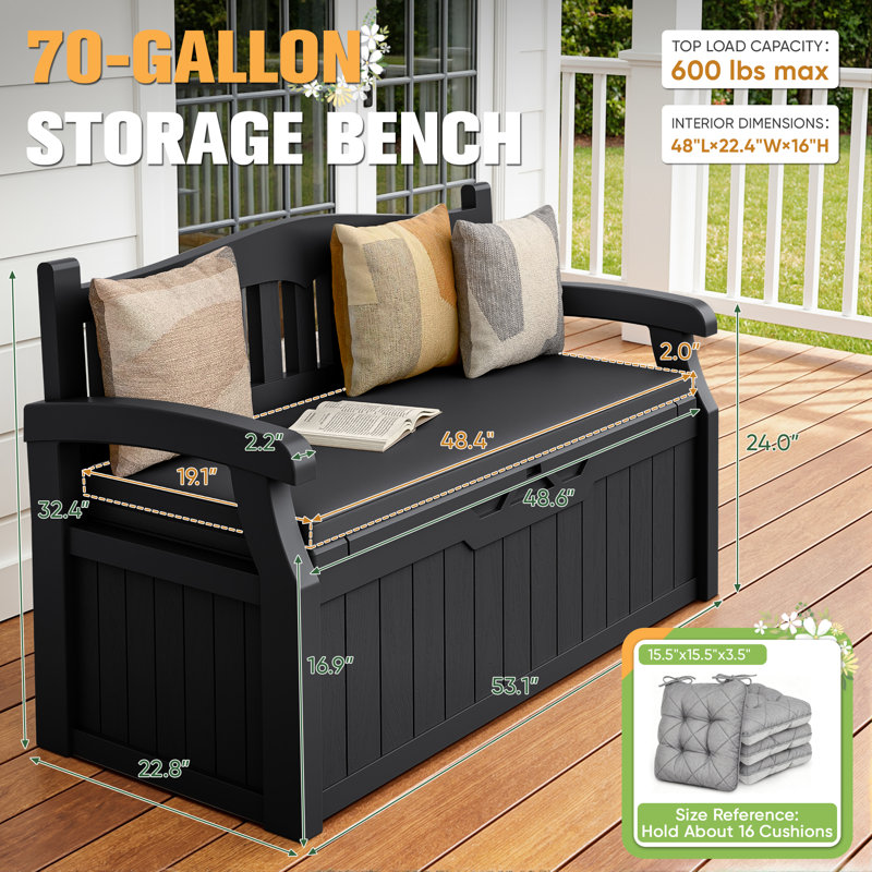 70-Gallon Plastic Storage Bench With Cushion & Lockable Lid, All-Weather Outdoor Indoor Use For Patio, Black