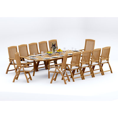 12 Seats 13 Pcs Grade-A Teak Wood Dining Set: 118" Double Extension Oval Table And 12 Marley Folding Reclining Arm Chairs #11MR2612