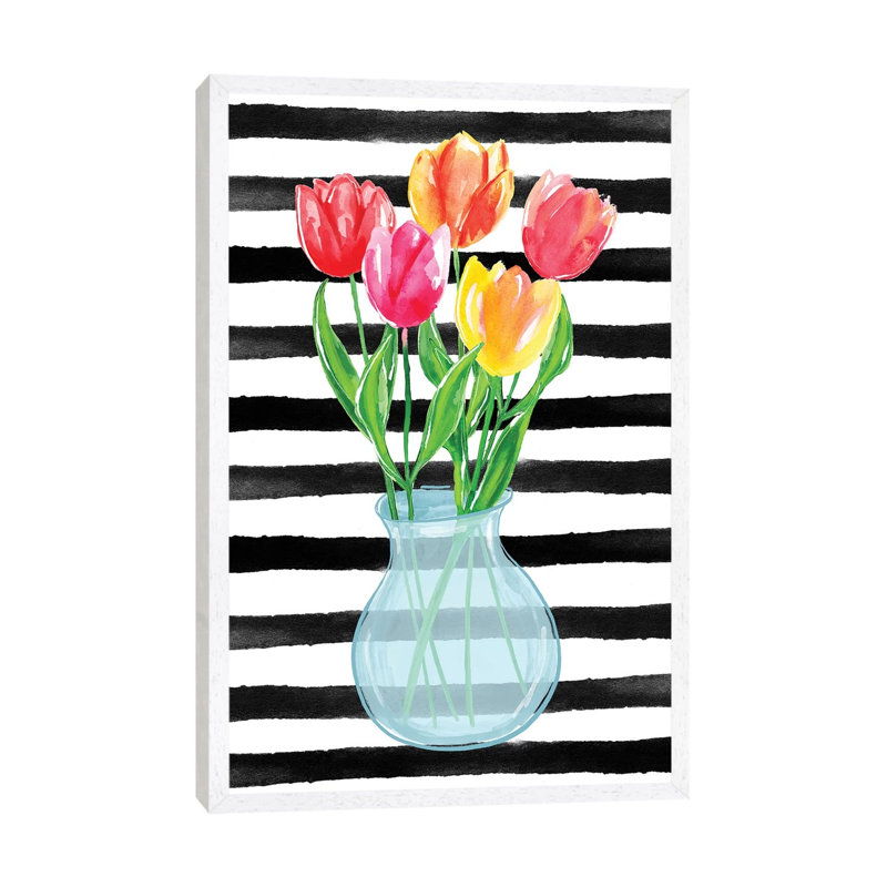 Tulips Stripes by Sara Berrenson - Print on Canvas, White Framed, 101.6 cm H x 66.04 cm W