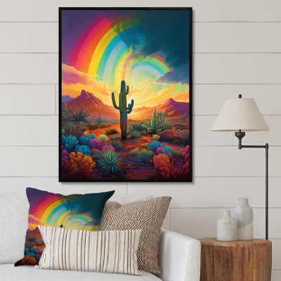 «Cactus in Desert Under Bright Colored Rainbow», reproduction sur toile