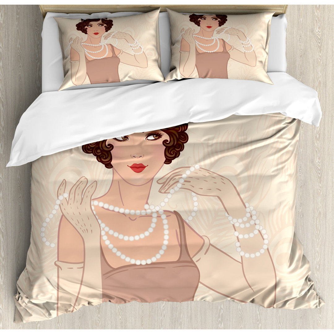 Bettbezug Set, brunette Flapper, Old Hollywood, Beige Braun Elfenbein